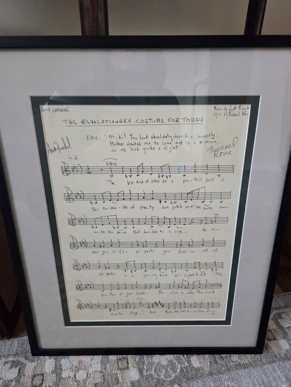 Grey Gardens Framed Handwritten Sheet Music, Signed, "The Revolutionary Costume"